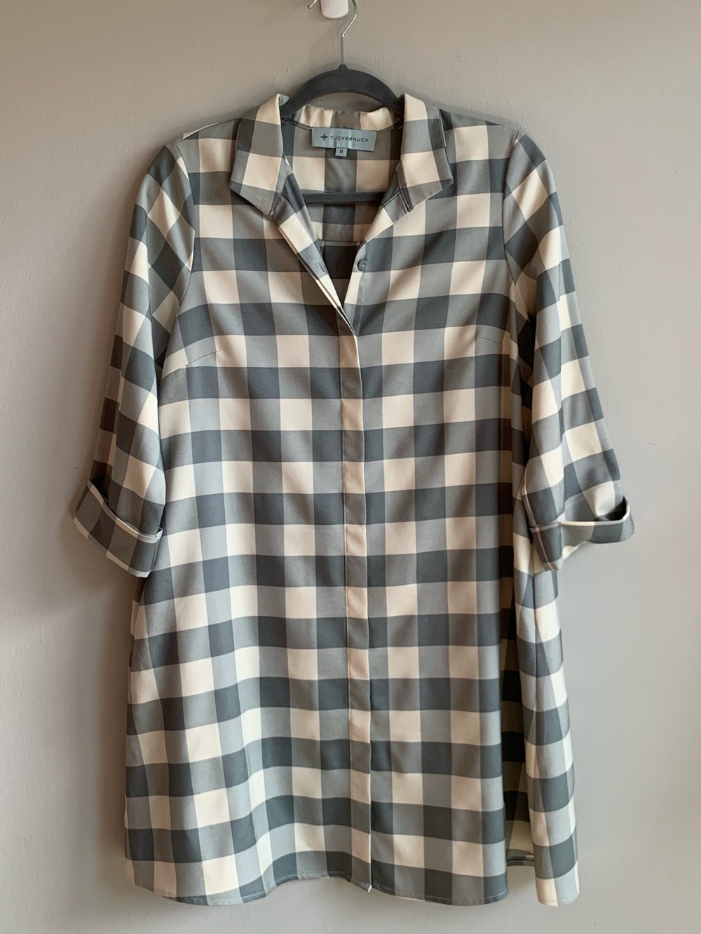 Tuckernuck Grayish greenish & Cream Check Button-Front Longline Shirt collared M